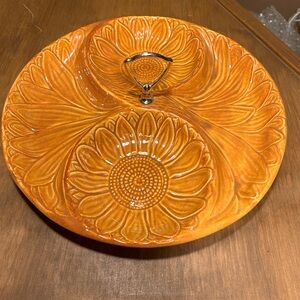 California Pottery Ceramic Sunflower Serving Platter w/Handle Vintage MCM Dish